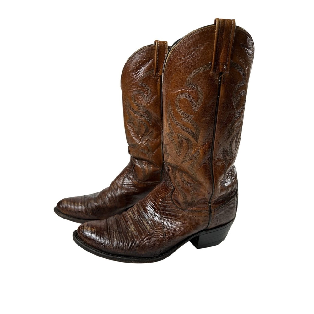 Dan‎ Post Teju Exotic Lizard Leather Western Brown Boots Mens Cowboy Vtg Sz 10D